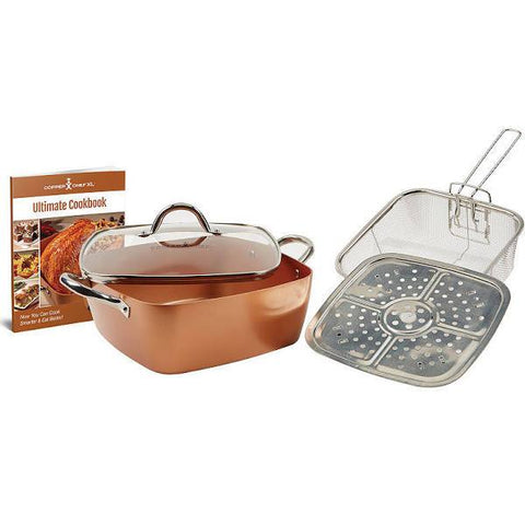 Moss & Stone Copper 5 Piece Set Chef Cookware, Non Stick Pan, Deep Square Pan, Fry Basket, Steamer Tray, Dishwasher & Oven Safe, 5 Quart Copper Pot